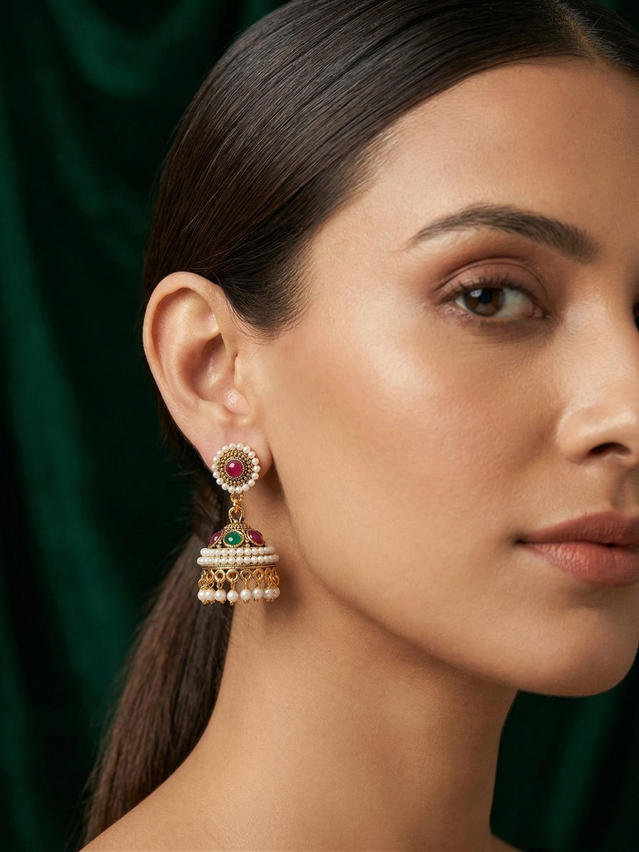 Gold Oxidized With Beaded Indo-Western Jhumki