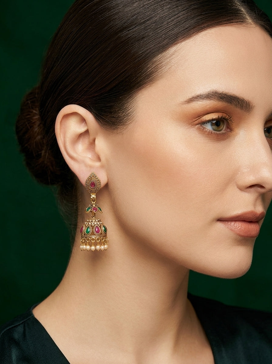 Gold Oxidized With Beaded Indo-Western Jhumki