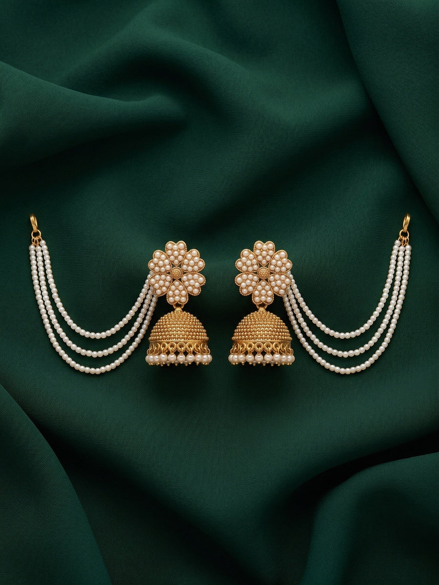 Gold Plated Dome Shaped Jhumkas With Pearls Layered Chain