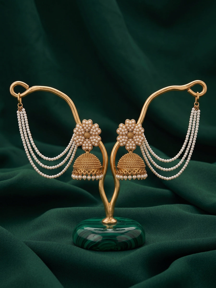 Gold Plated Dome Shaped Jhumkas With Pearls Layered Chain