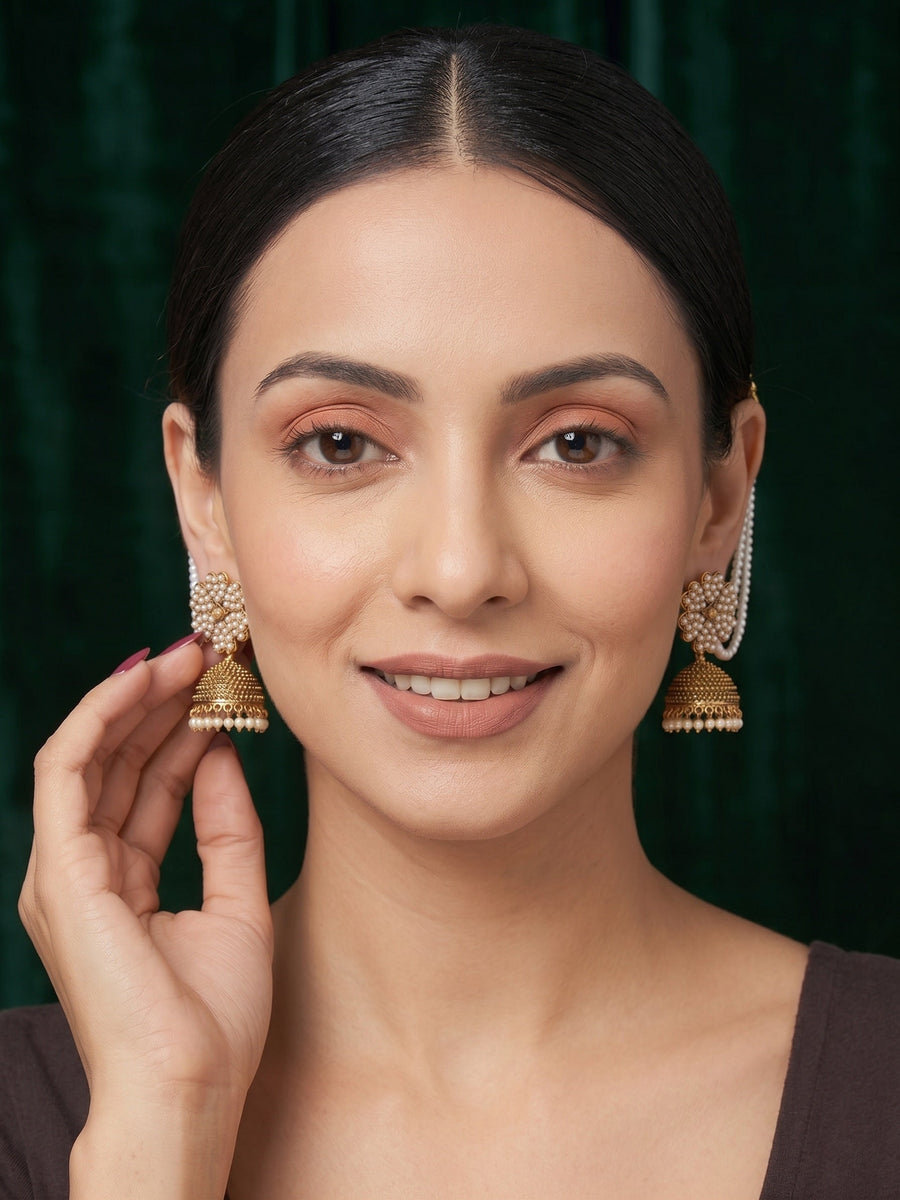 Gold Plated Dome Shaped Jhumkas With Pearls Layered Chain