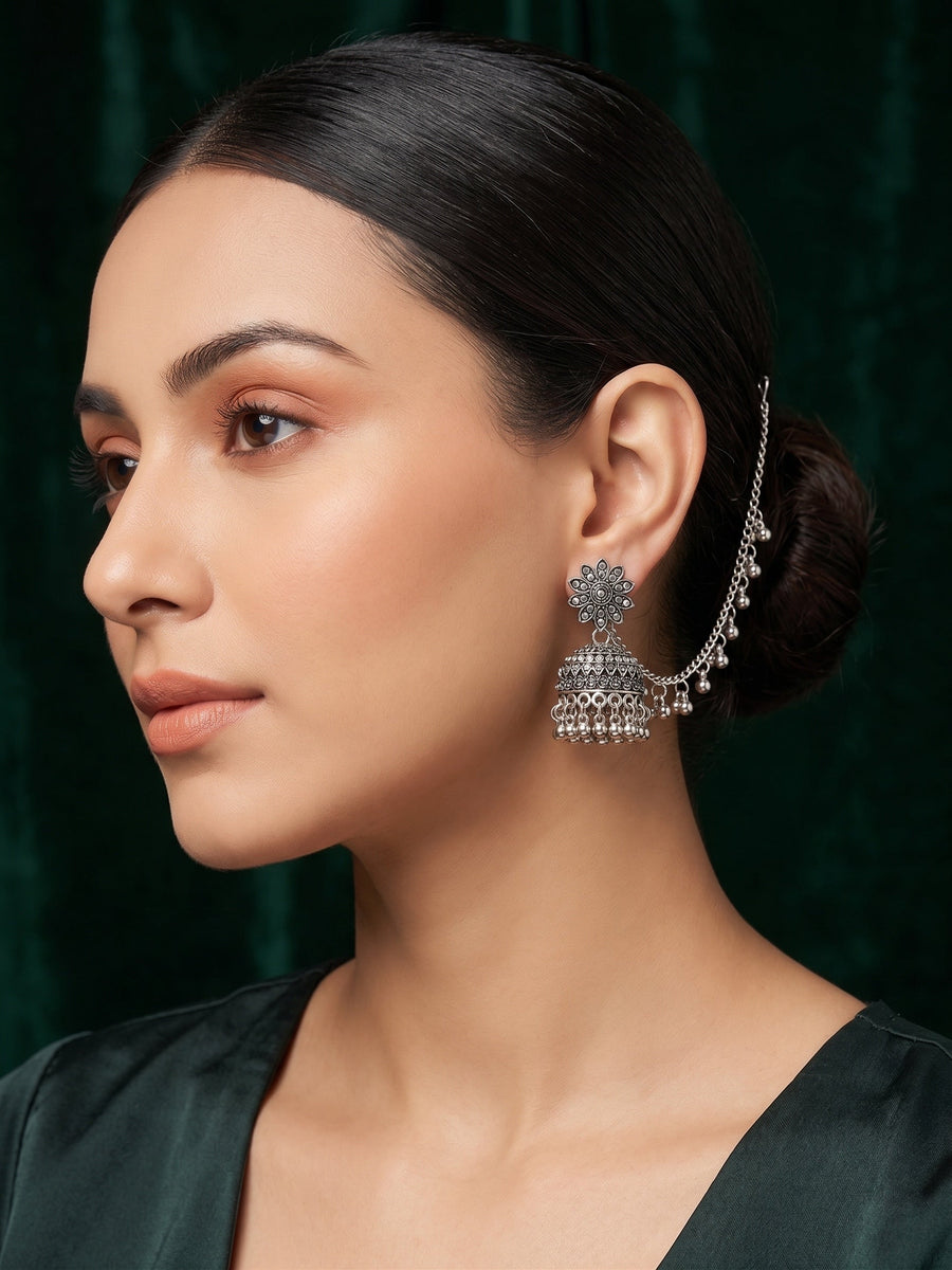 Silver Plated Oxidized Fancy Jhumka with Earchain