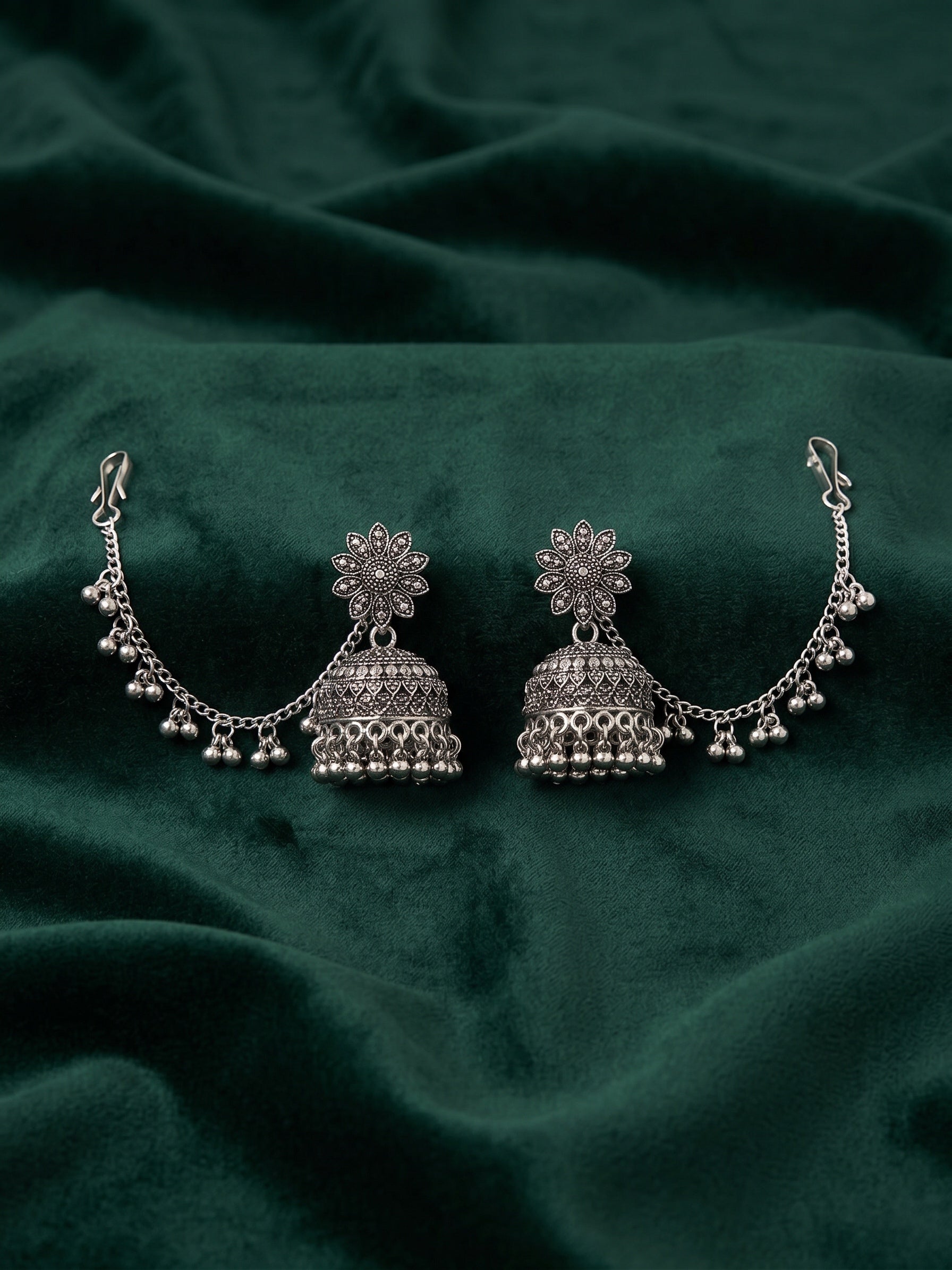 Silver Plated Oxidized Fancy Jhumka with Earchain