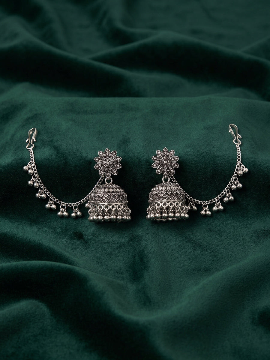 Silver Plated Oxidized Fancy Jhumka with Earchain
