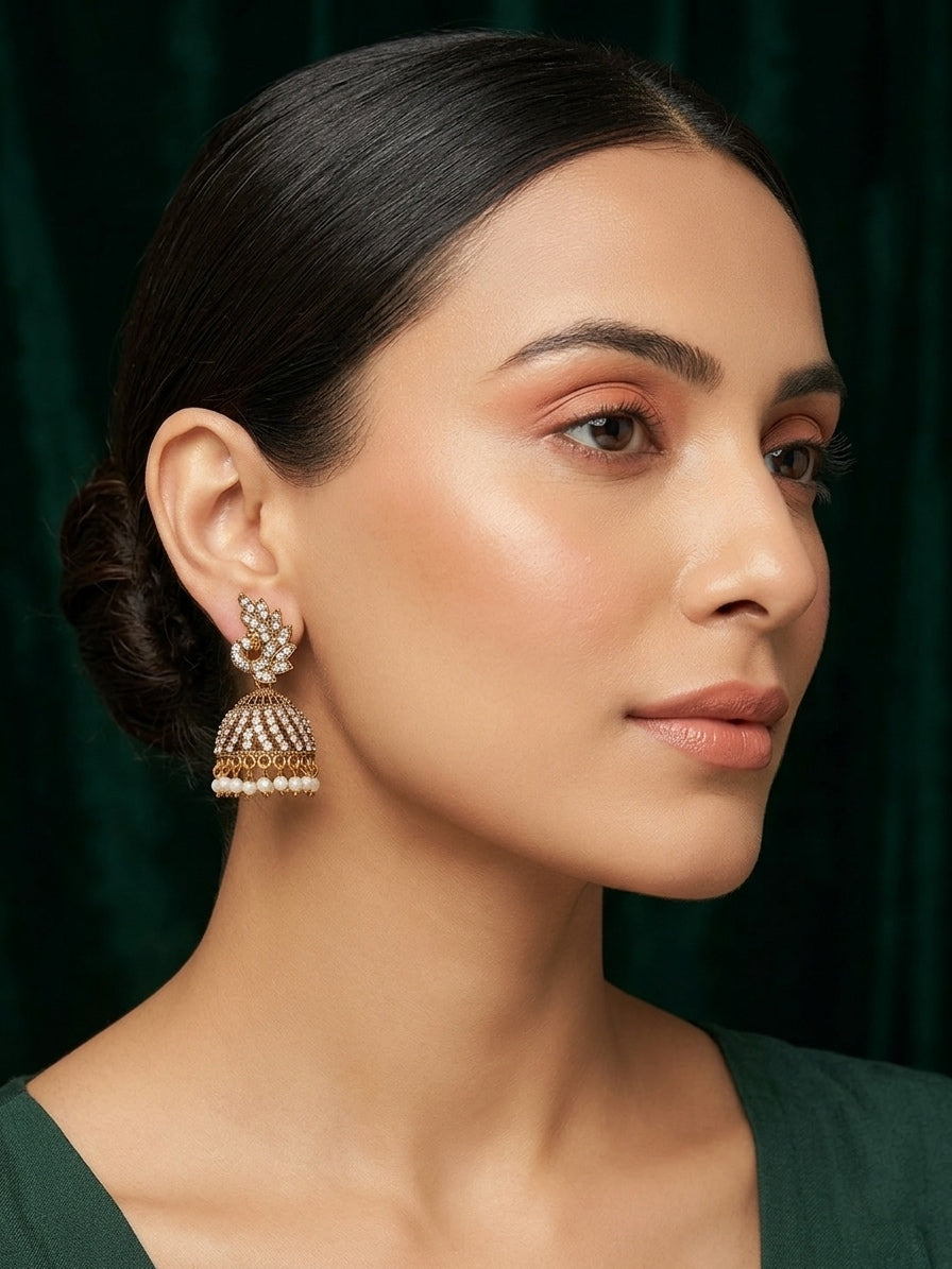 Gold Plated Diamond Beaded Jhumki For Women
