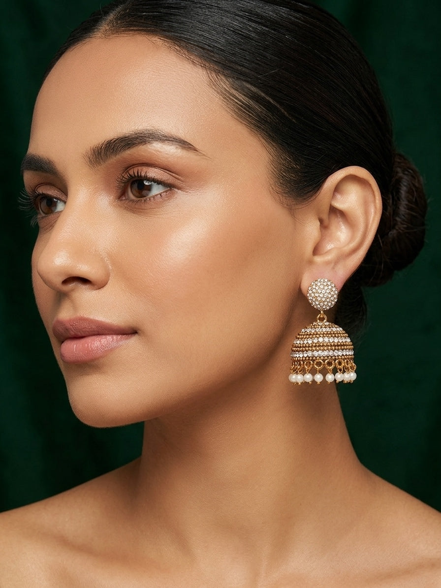 Gold Plated Fancy Pearls Beaded Jhumki For Women