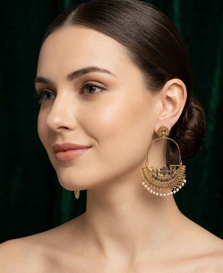 Gold Oxidized With Beaded Indo-Western Cahnd Bali Earrings