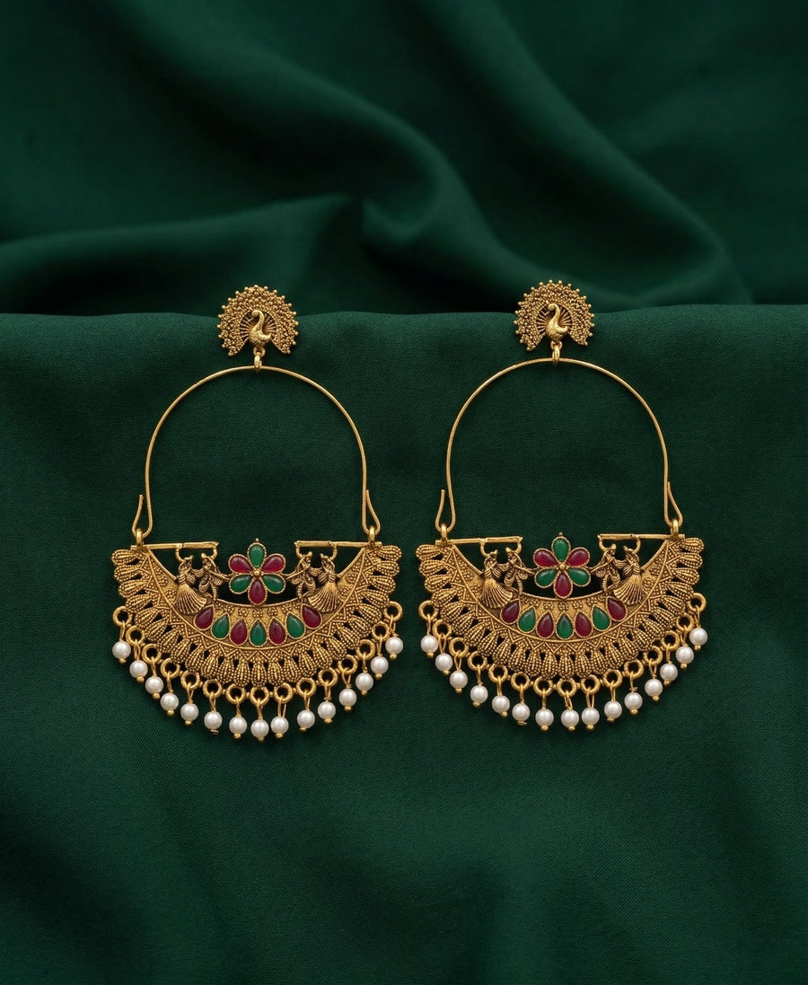 Gold Oxidized With Beaded Indo-Western Cahnd Bali Earrings