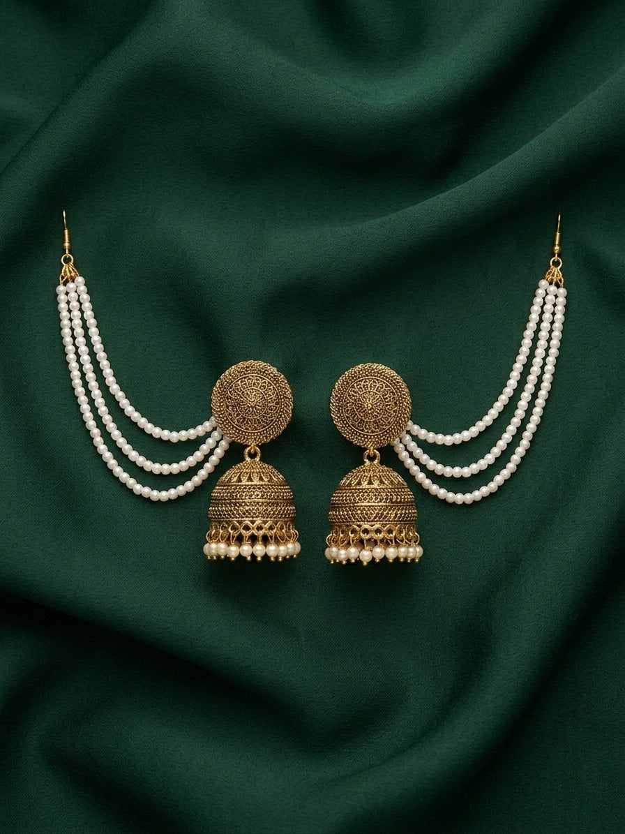 Gold Plated Dome Shaped Jhumkas With Pearls Layered Chain