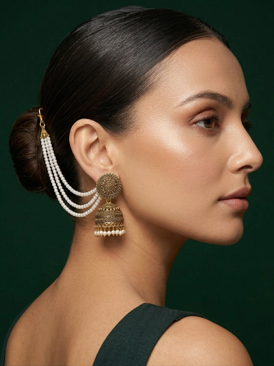 Gold Plated Dome Shaped Jhumkas With Pearls Layered Chain
