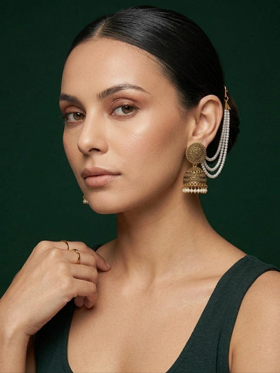 Gold Plated Dome Shaped Jhumkas With Pearls Layered Chain