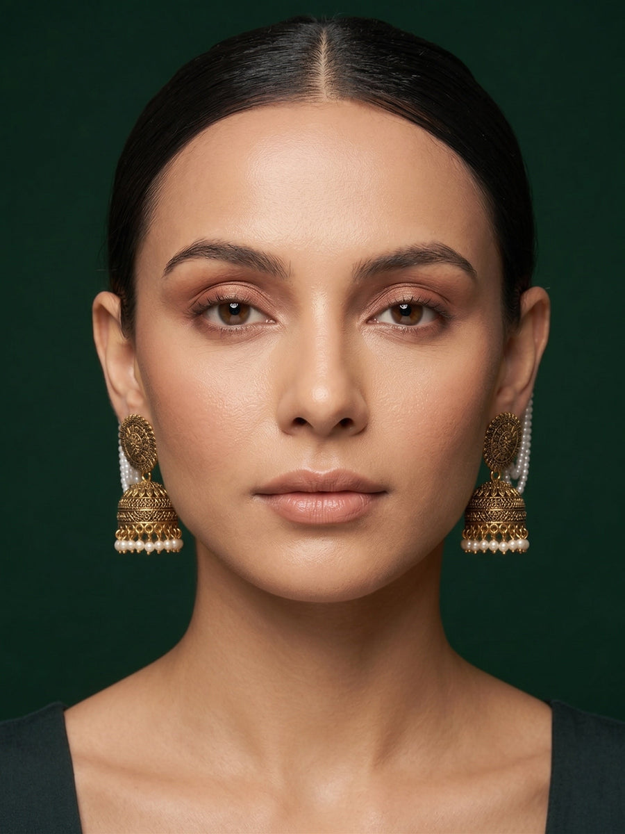 Gold Plated Dome Shaped Jhumkas With Pearls Layered Chain