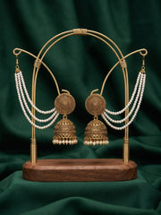Gold Plated Dome Shaped Jhumkas With Pearls Layered Chain