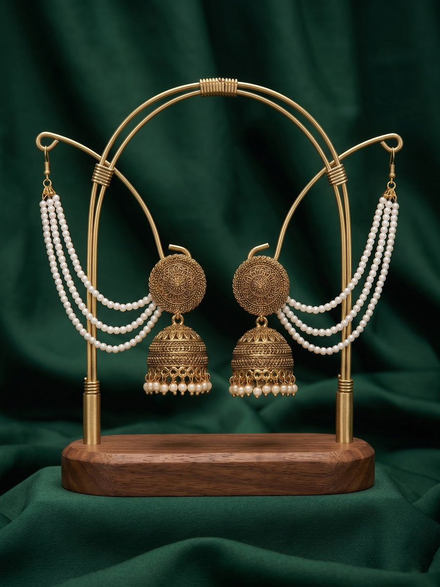 Gold Plated Dome Shaped Jhumkas With Pearls Layered Chain