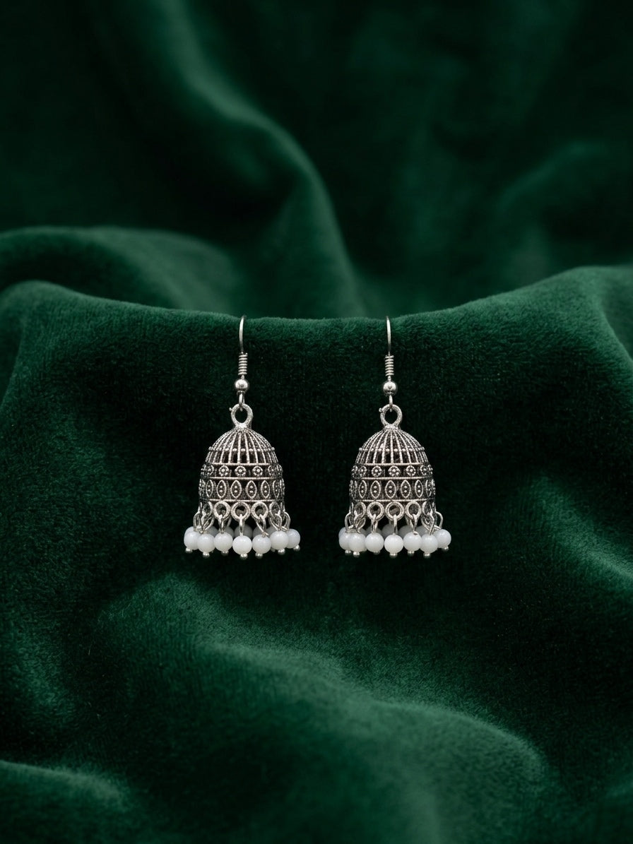 Silver Plated Fancy Kundan & Beaded Jhumki For Women