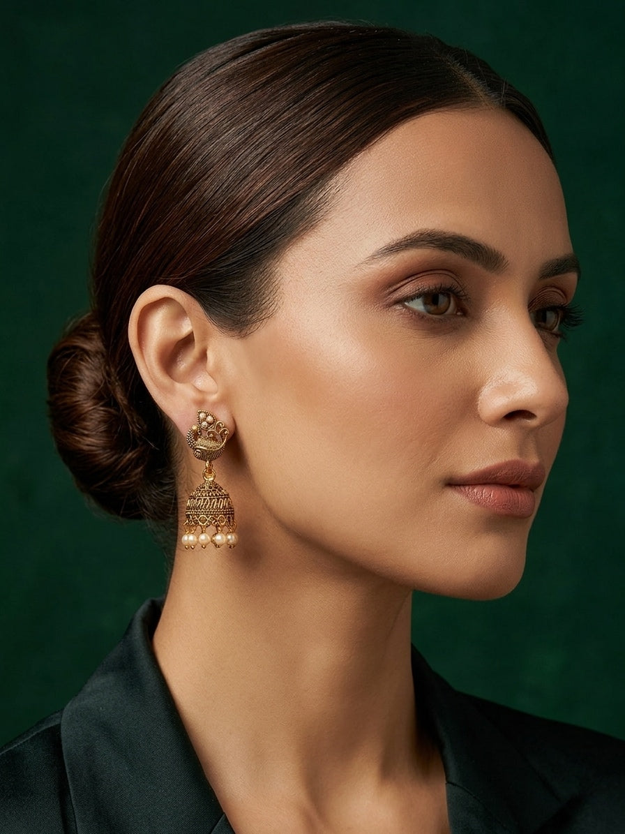 Gold Plated Fancy Kundan & Beaded Jhumki For Women