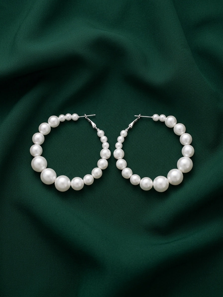 Silver Tonded Beautiful Pearls Balli Hoops For Women