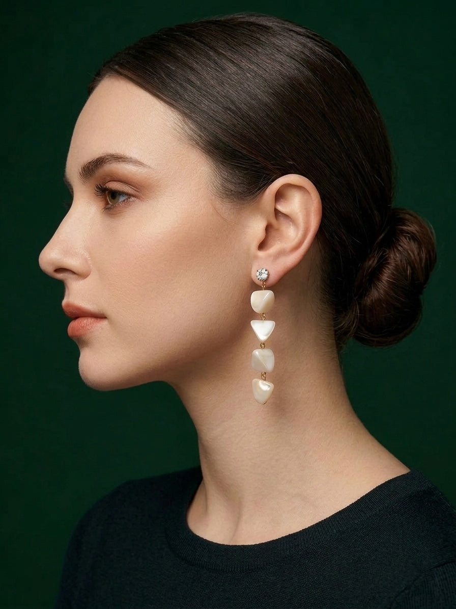 Gold-Toned Geometric Drop Earrings with Marble Finish Heart & Triangle Charms