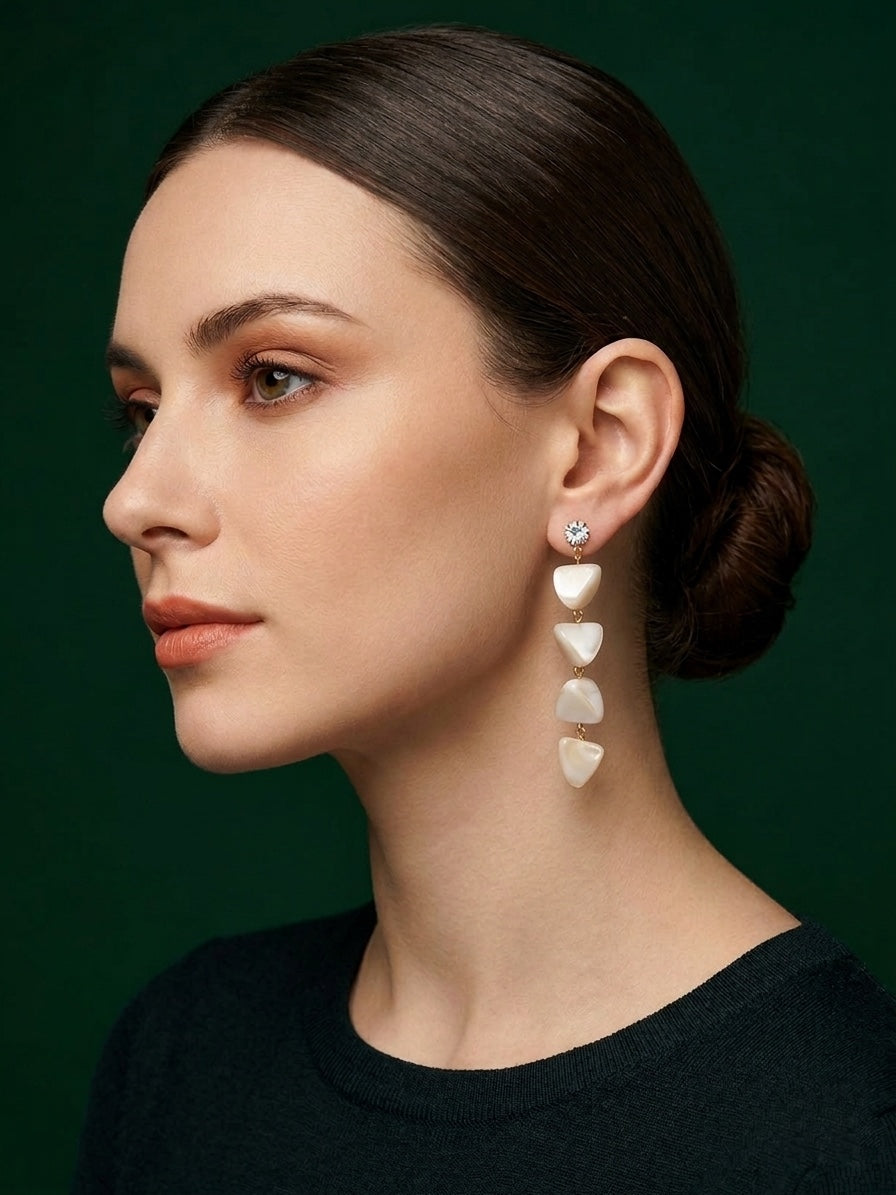 Gold-Toned Geometric Drop Earrings with Marble Finish Heart & Triangle Charms