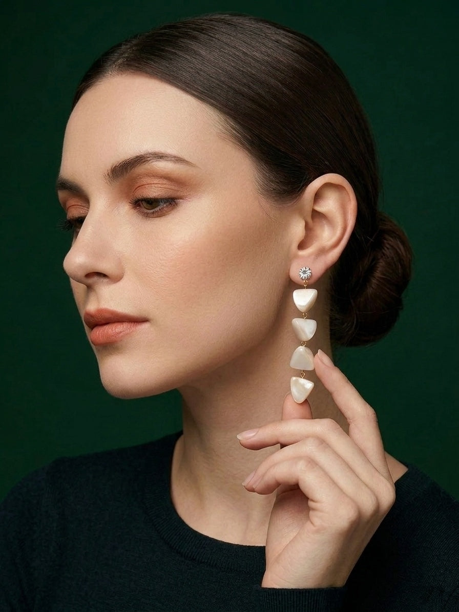 Gold-Toned Geometric Drop Earrings with Marble Finish Heart & Triangle Charms