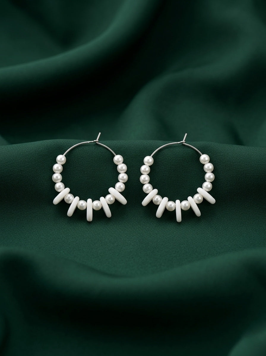 Silver Tonded Beautiful Pearls Balli Hoops For Women
