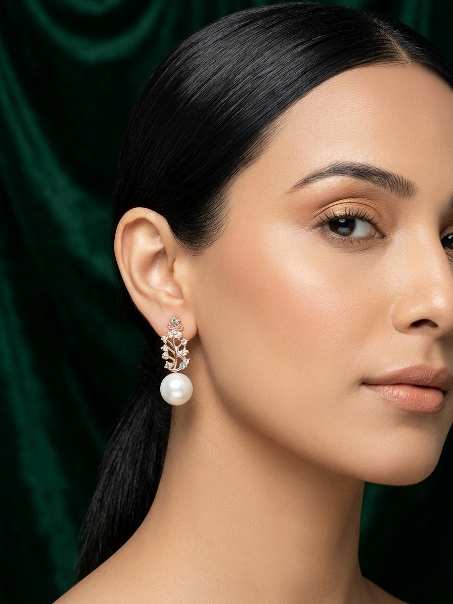 Gold Toned Diamond With Pearls Earrings