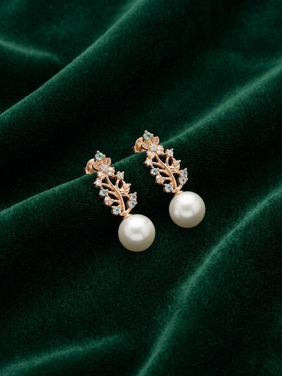 Gold Toned Diamond With Pearls Earrings