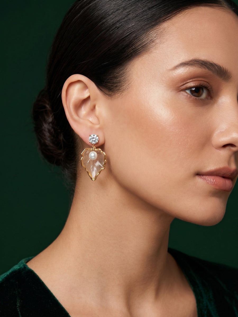 Gold Plated Pearl Leaf Design Earrings