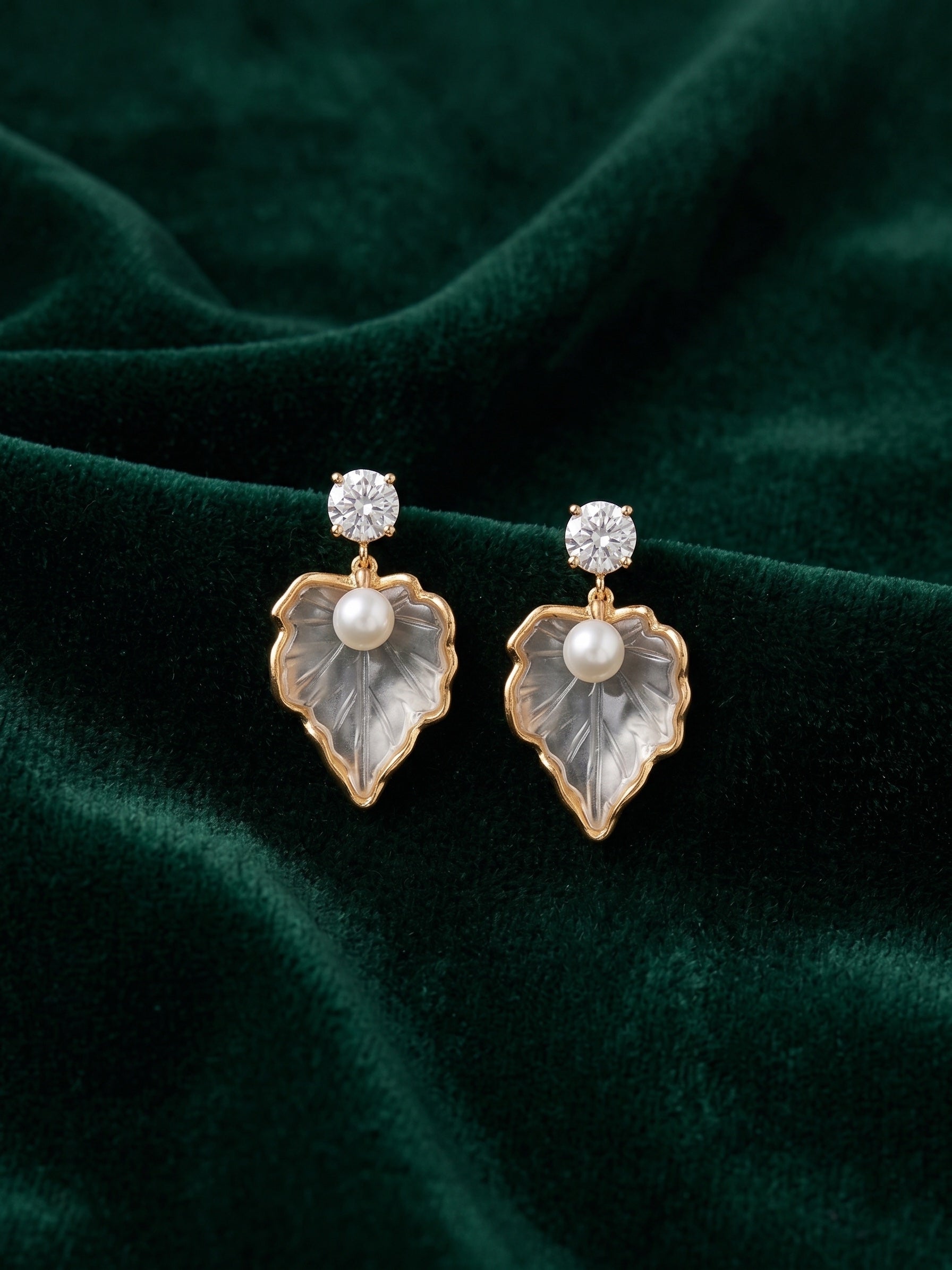 Gold Plated Pearl Leaf Design Earrings