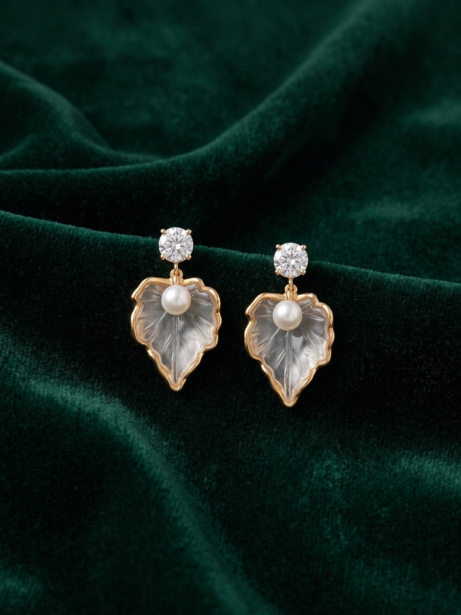 Gold Plated Pearl Leaf Design Earrings