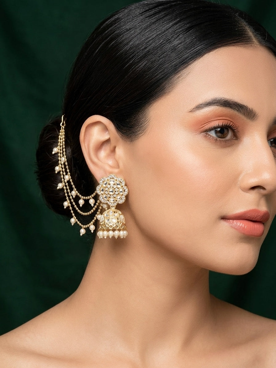 Kundan Studded And Pearls Beaded Dome Shaped Jhumkas With Chain