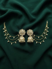 Kundan Studded And Pearls Beaded Dome Shaped Jhumkas With Chain