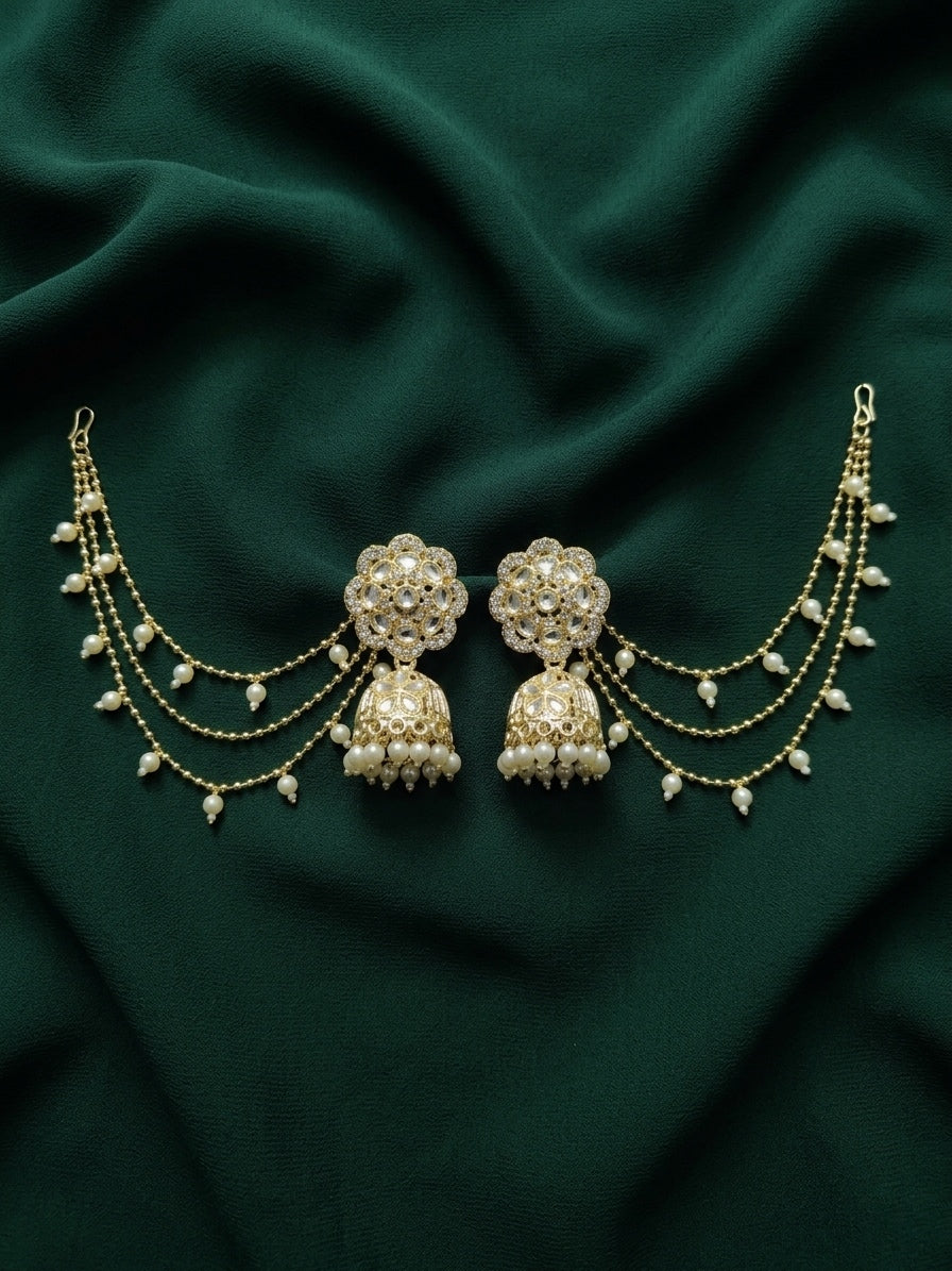 Kundan Studded And Pearls Beaded Dome Shaped Jhumkas With Chain