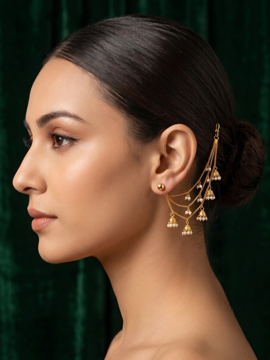 Gold Plated Classic Layered Pearl Earchain With Jhumki Studded