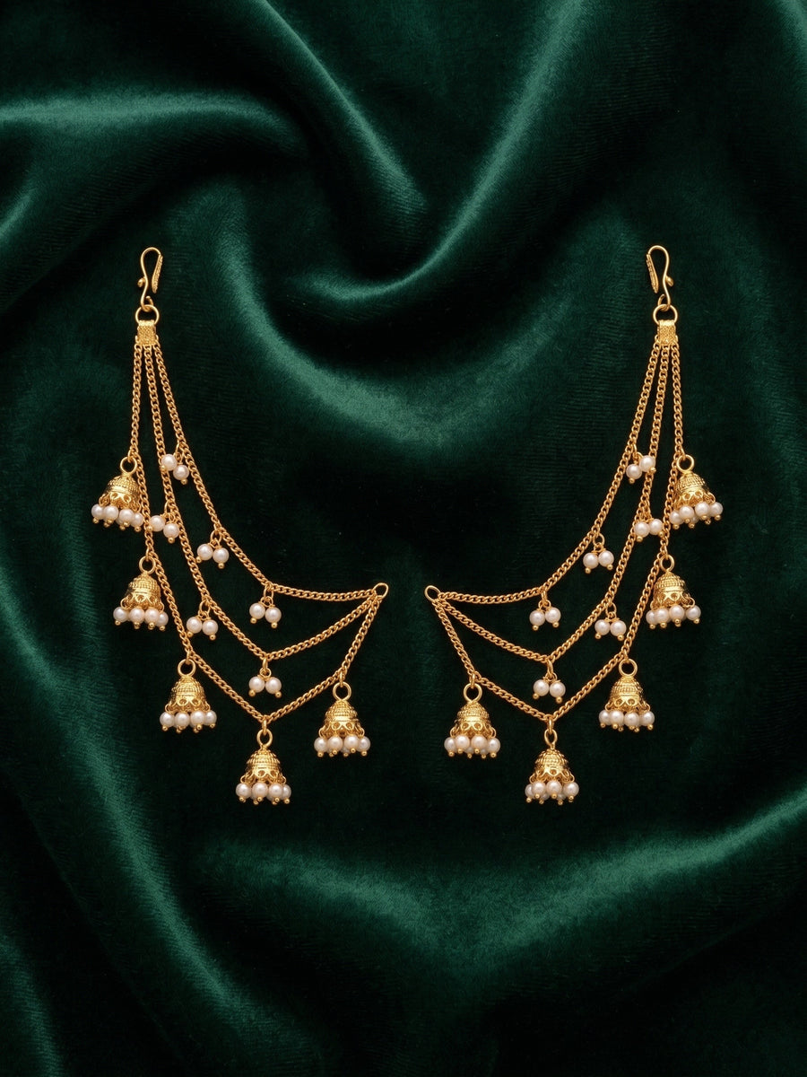 Gold Plated Classic Layered Pearl Earchain With Jhumki Studded