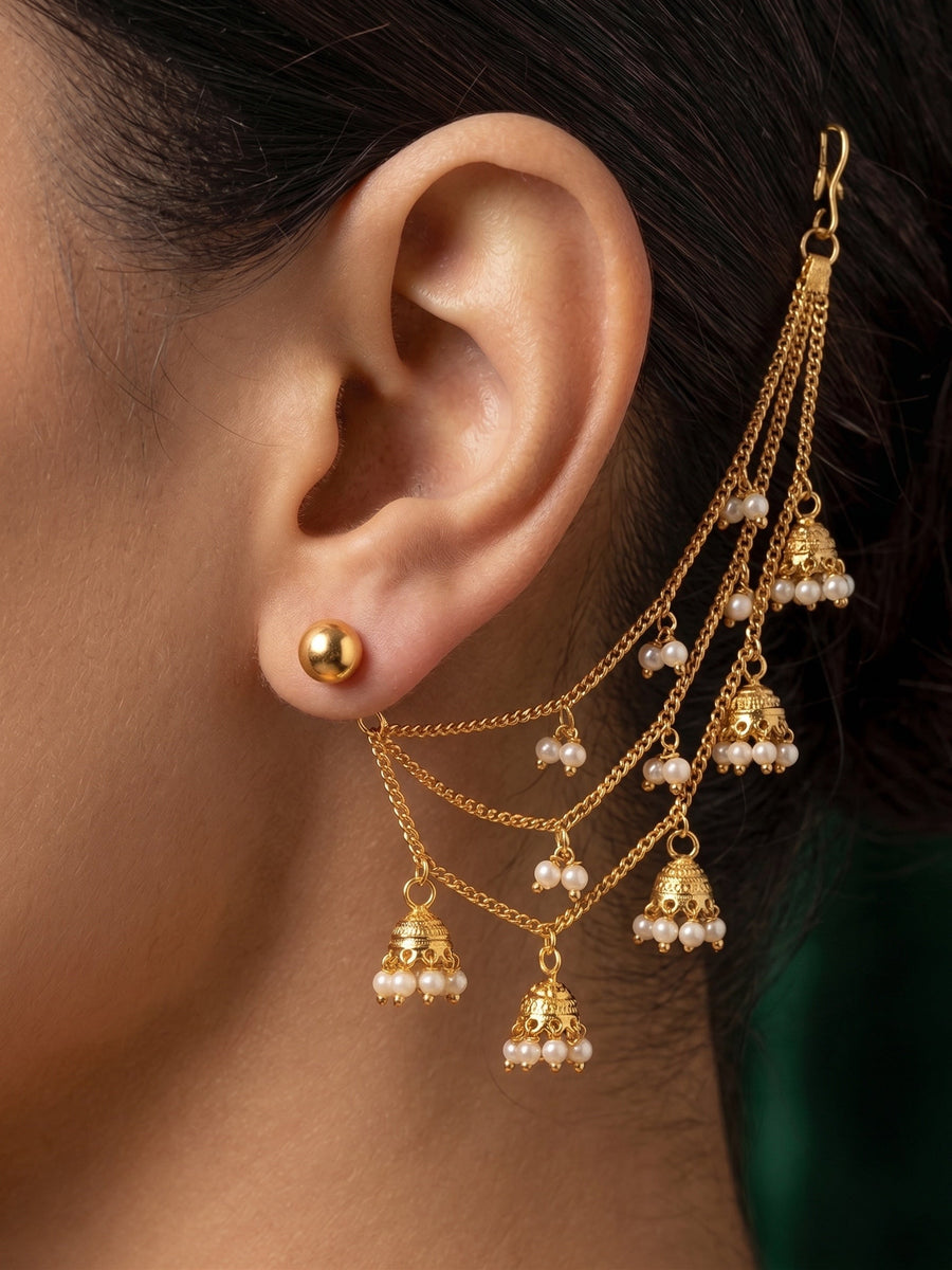Gold Plated Classic Layered Pearl Earchain With Jhumki Studded