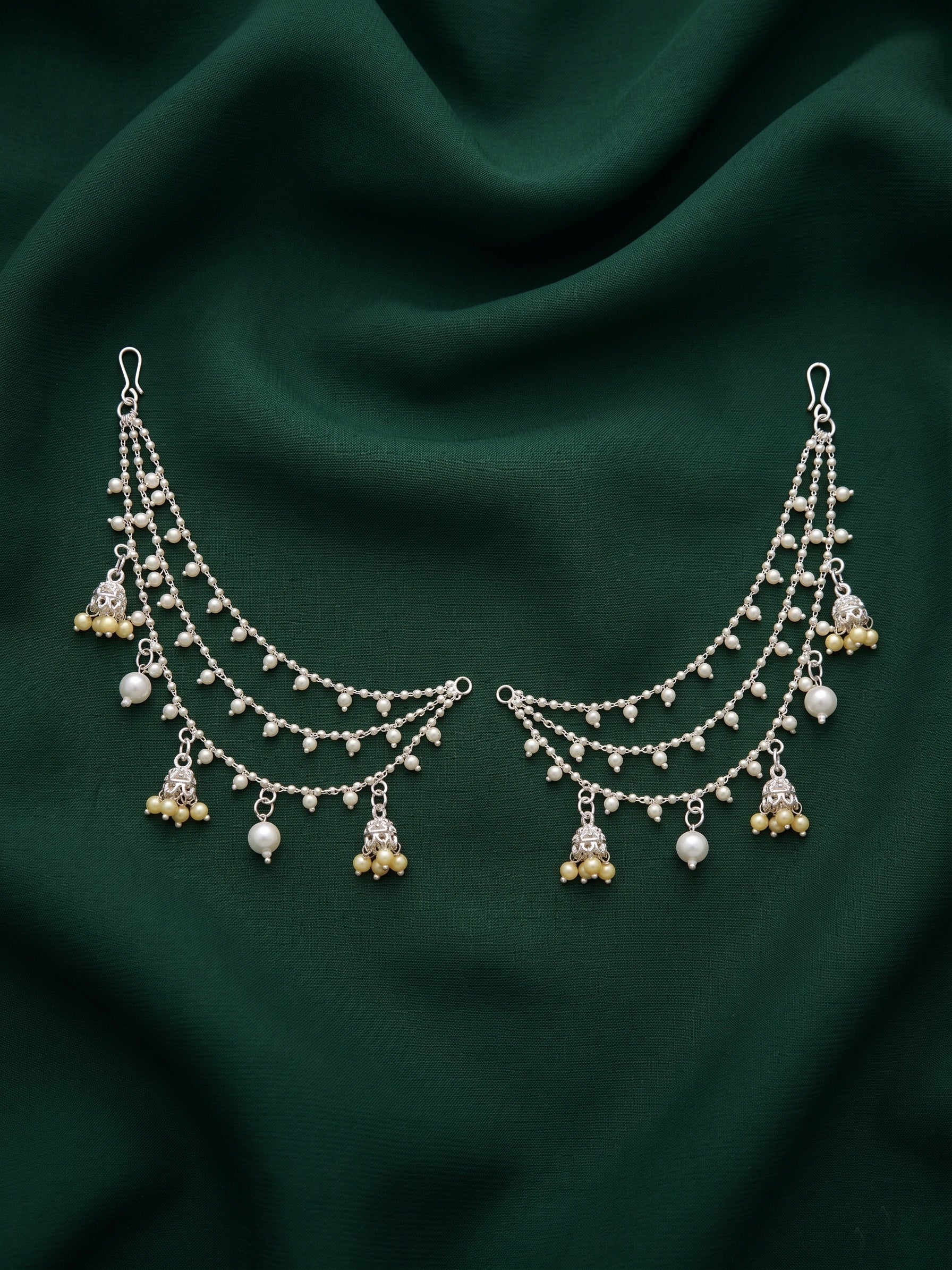 Silver Plated Classic Layered Pearl Earchain With Jhumki Studded