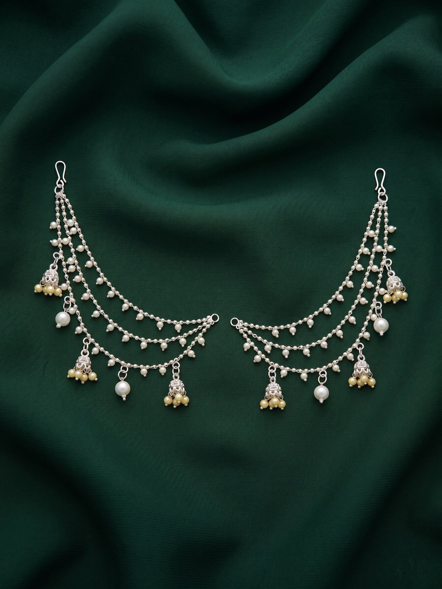 Silver Plated Classic Layered Pearl Earchain With Jhumki Studded