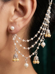 Silver Plated Classic Layered Pearl Earchain With Jhumki Studded