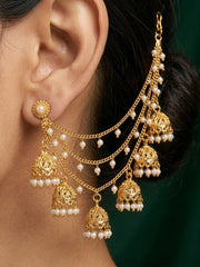Gold Plated Classic Layered Pearl Earchain With Jhumki Studded
