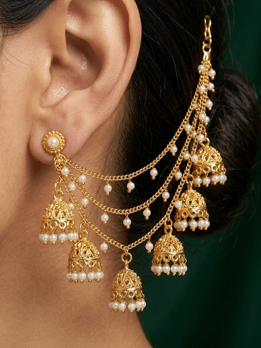 Gold Plated Classic Layered Pearl Earchain With Jhumki Studded
