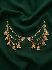 Gold Plated Classic Layered Pearl Earchain With Jhumki Studded