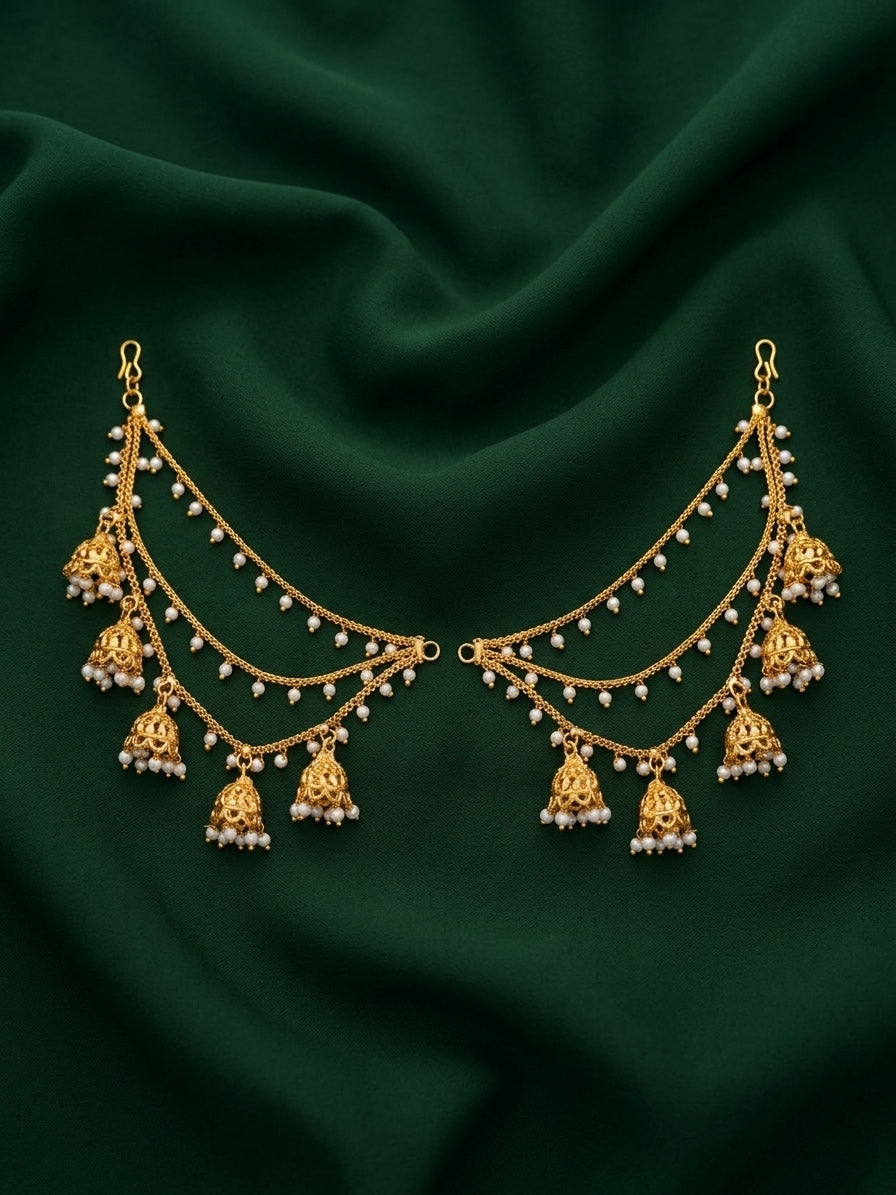 Gold Plated Classic Layered Pearl Earchain With Jhumki Studded