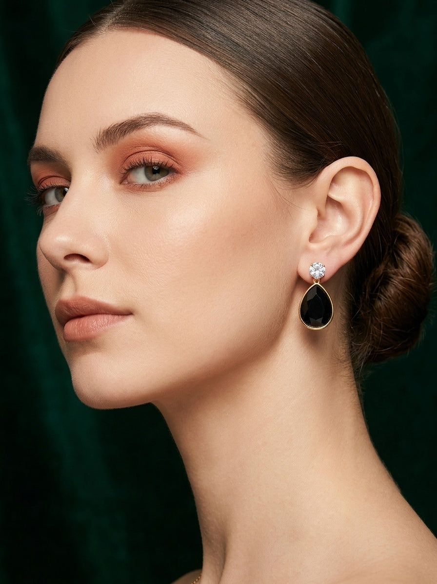 Gold Plated Fancy Black Stone Earrings