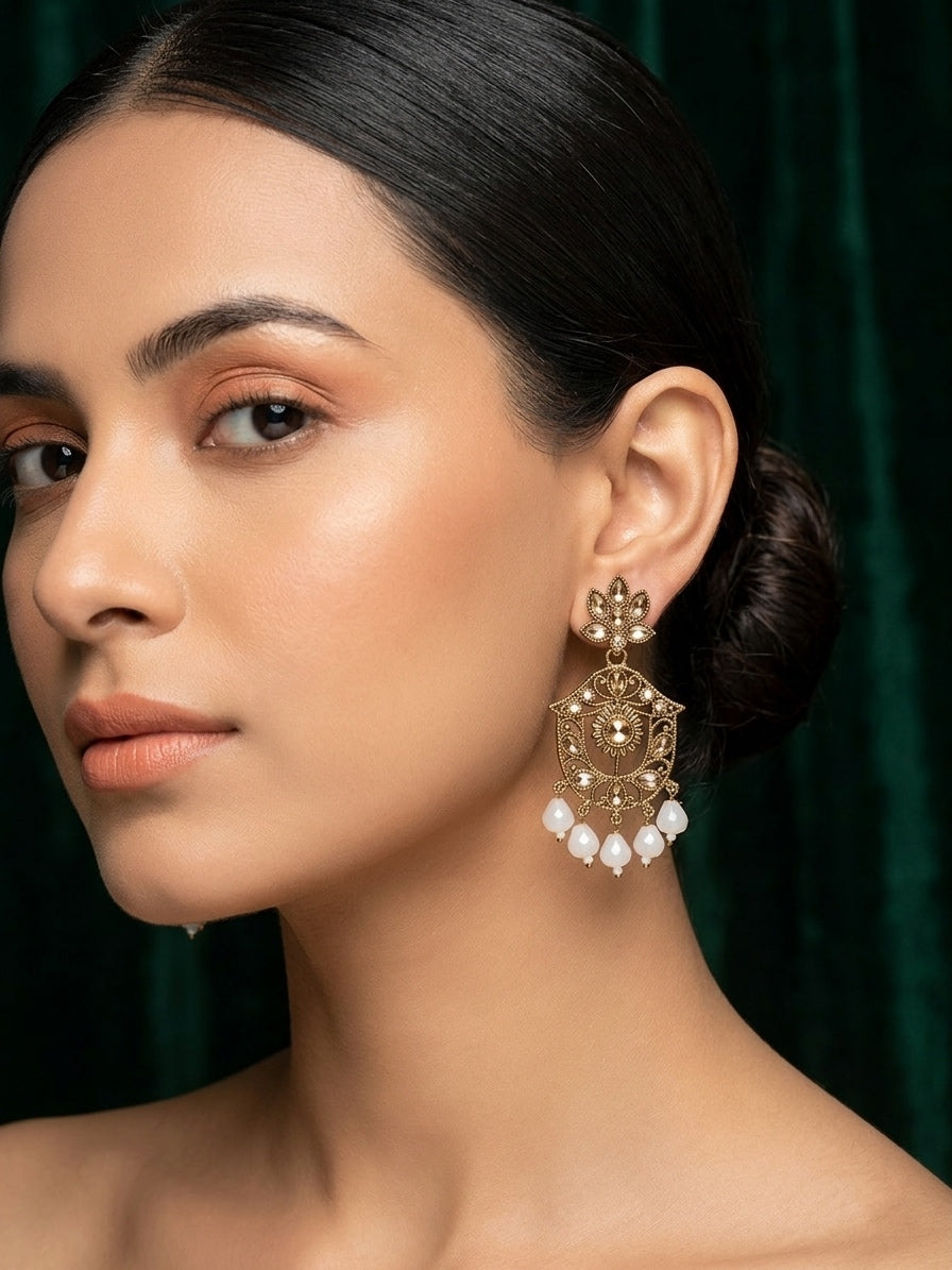 Gold Plated Fancy Kundan & Beaded Earrings