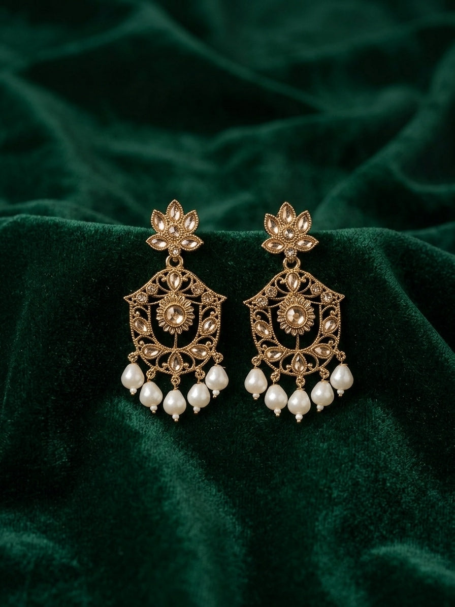 Gold Plated Fancy Kundan & Beaded Earrings