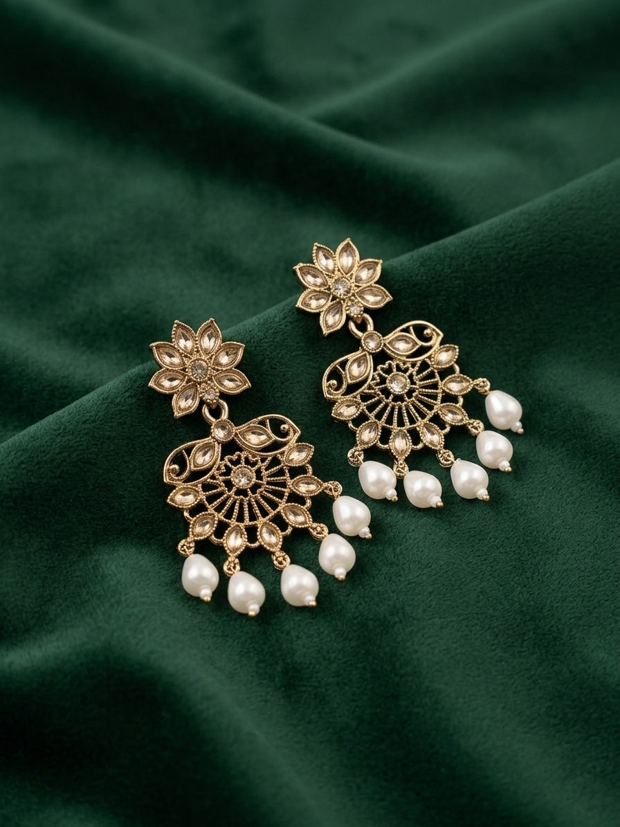 Gold Plated Fancy Kundan & Beaded Earrings