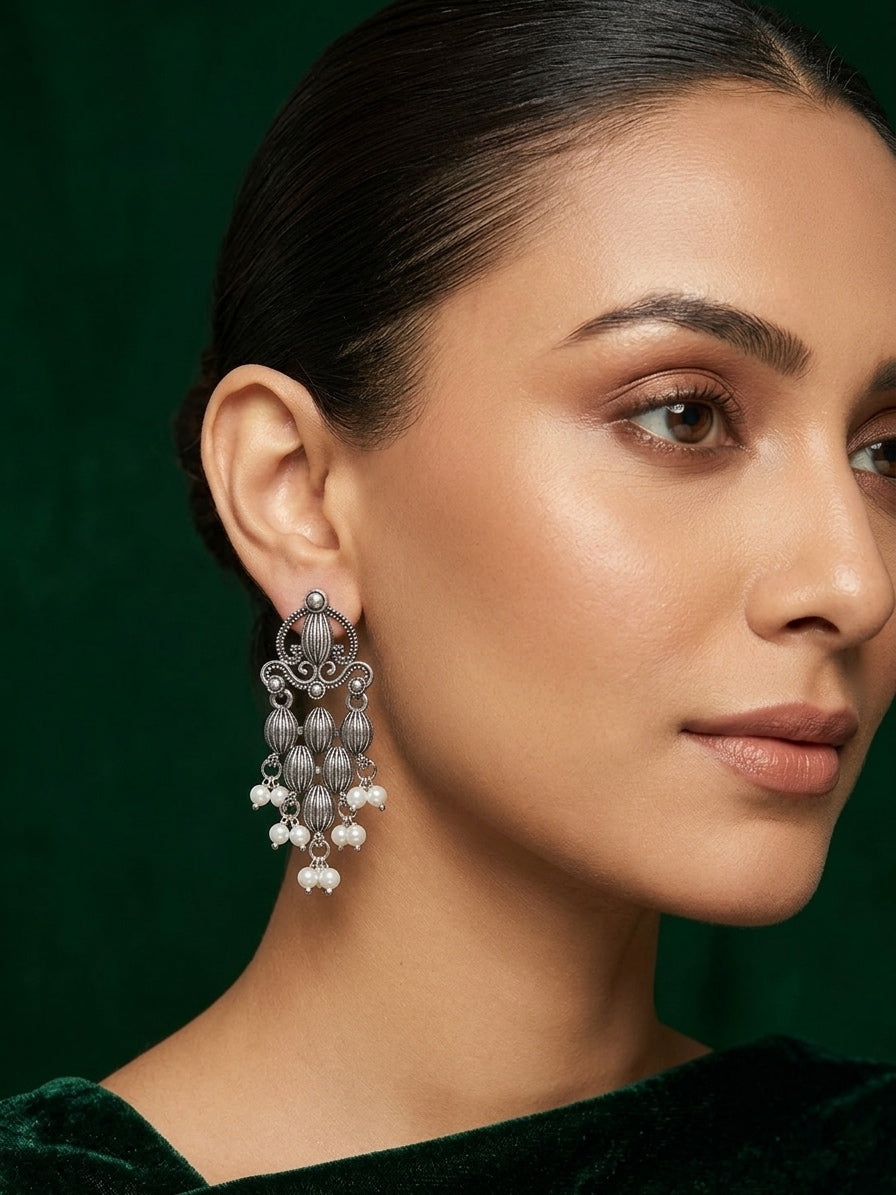 Silver Plated Oxidized Fancy Drop Earrings