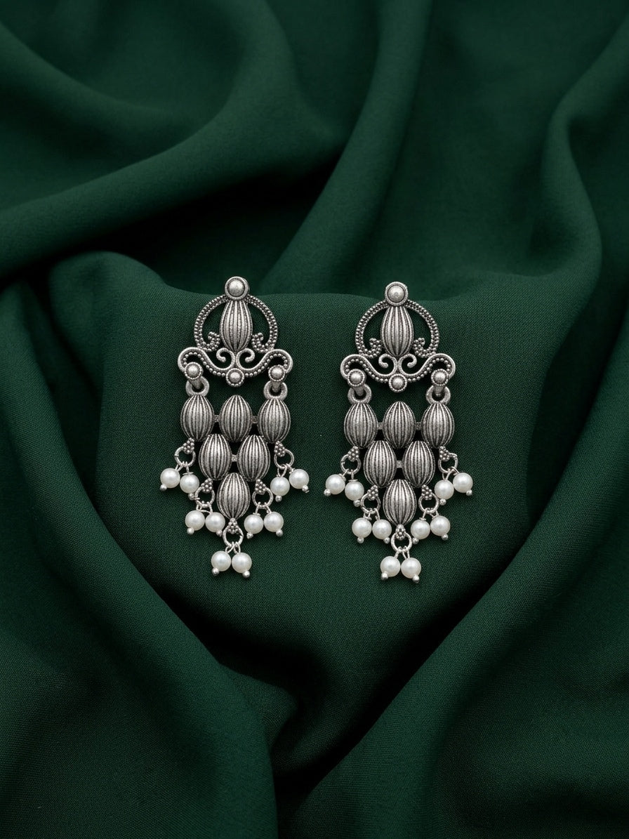 Silver Plated Oxidized Fancy Drop Earrings