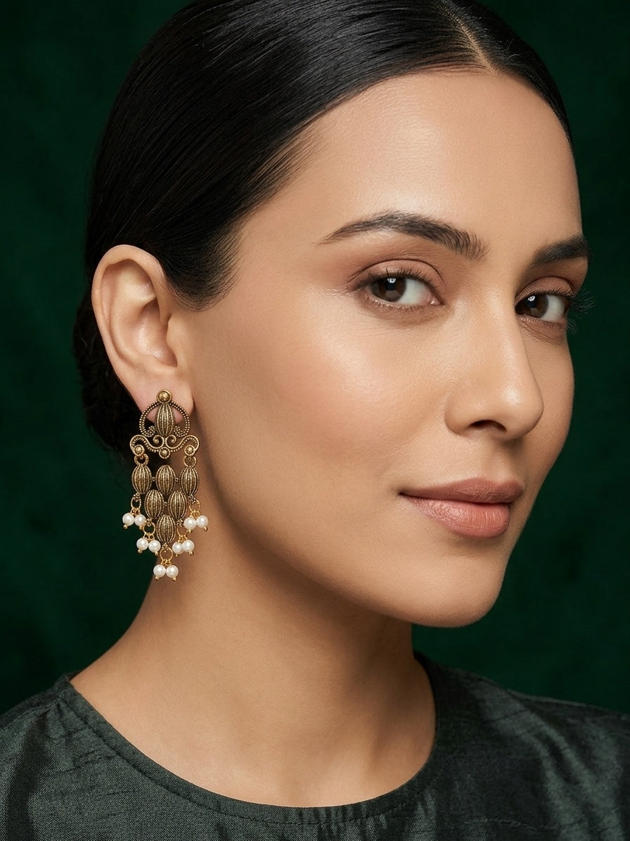 Gold Oxidized With Beaded Indo-Western Earrings